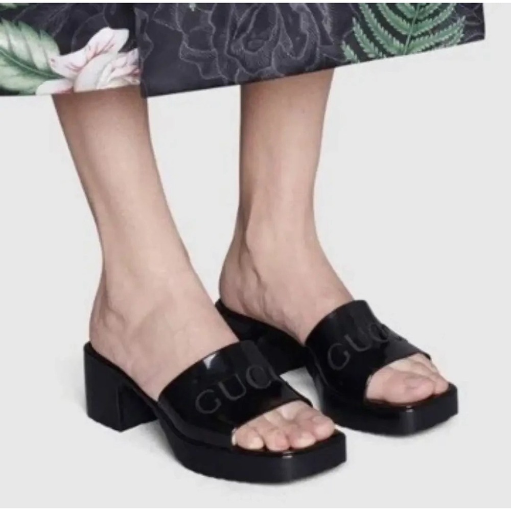 Gucci Rubber Logo Platform 20/60mm Slide Sandals 624730- Black‎ - 7 US / 37
